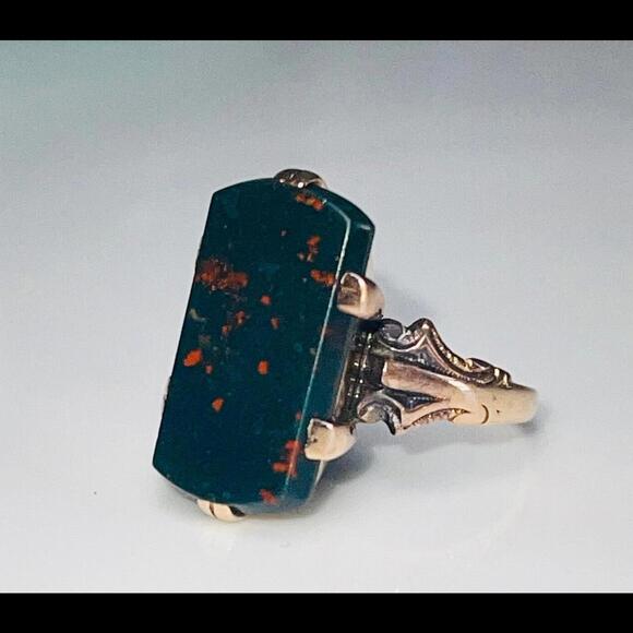 Bloodstone Ring 14K Rose Gold Victorian Hand Etched Mystical Ring Gorgeous